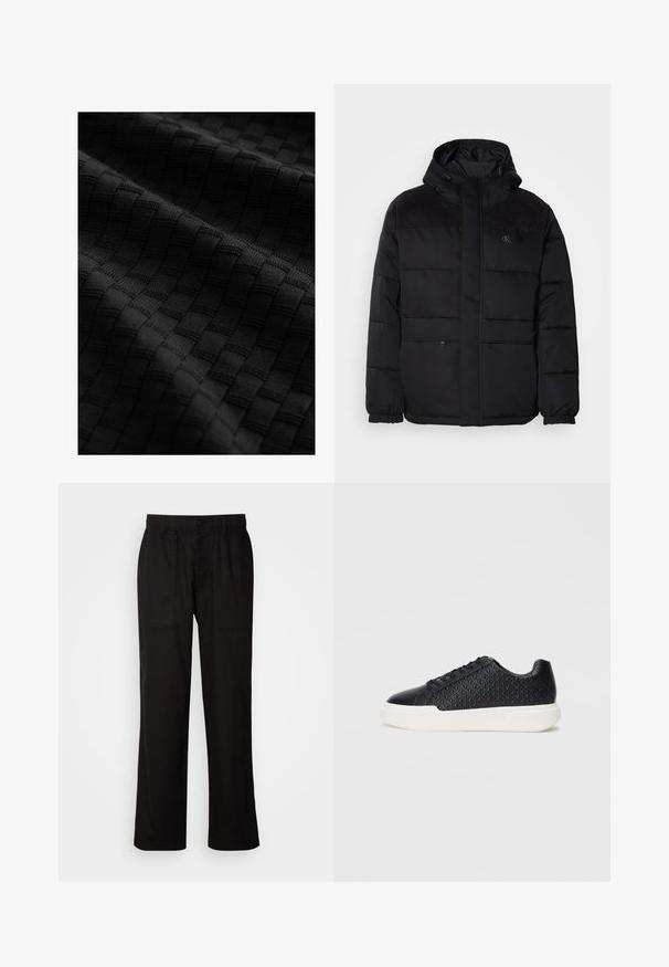 Vadderad svart jacka med huva, med dragkedjestängning, elastiska manschetter och mockadetaljer på axlarna för extra textur.; Svart texturerad tyg med ett vävt mönster av upphöjda rutor, som visar en slät yta och intrikata detaljer.; Svarta byxor med en avslappnad passform, tillverkade av lättviktig tyg. Har en elastisk midja, knappstängning och två framfickor.; Svart sneaker med geometrisk struktur på sidan, slät tåparti och en vit gummisula. Har runda snören och en låg design.