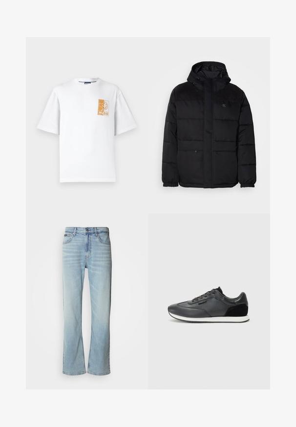 Jachetă neagră căptușită cu glugă, prevăzută cu închidere cu fermoar, manșete elastice și accente din piele întoarsă pe umeri pentru un plus de textură.; Tricou alb din bumbac, cu guler rotund, mâneci scurte și un grafic dreptunghiular portocaliu cu inscripția "HUGO" în zona stângă a pieptului.; Jeans din denim de culoare albastru deschis, cu un croi drept, având cinci buzunare, închidere cu nasture și estompare subtilă pe material.; Adidași sport negri cu un superior din piele, detalii perforate, accente din suede și o talpă din cauciuc alb. Design clasic cu șireturi.