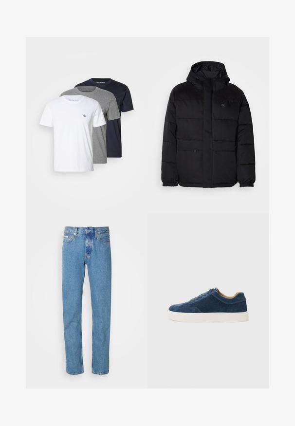 Padded black jacket with a hood, featuring a zip closure, elastic cuffs, and suede accents on the shoulders for added texture.; Three short-sleeve T-shirts in white, gray, and navy; made of cotton with a crew neck and Calvin Klein logo on the chest.; Light blue denim jeans with a straight-leg cut, featuring a classic five-pocket design and a button closure at the waist. No notable patterns.; Blue suede sneaker with white rubber sole, lace-up design, rounded toe, and contrasting tan interior. Subtle stitching details.