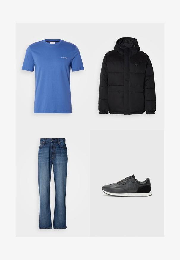 Polstrovaná černá bunda s kapucí, vybavená zipovým zapínáním, elastickými manžetami a semišovými detaily na ramenou pro zvýšení textury.; Modrá bavlněná tričko s kulatým výstřihem, krátkými rukávy a minimalistickým bílým logem "Calvin Klein" na levé části hrudi. Jednoduchý design.; Modré džíny z denimu s vysokým pasem, rozšířenými nohavicemi, pětikapsovým designem a tónovaným šitím. Obsahují zapínání na knoflík a kovové nýty na kapsách.; Černé sportovní tenisky s koženým svrškem, perforovanými detaily, semišovými akcenty a bílou gumovou podrážkou. Klasický design na šněrování.