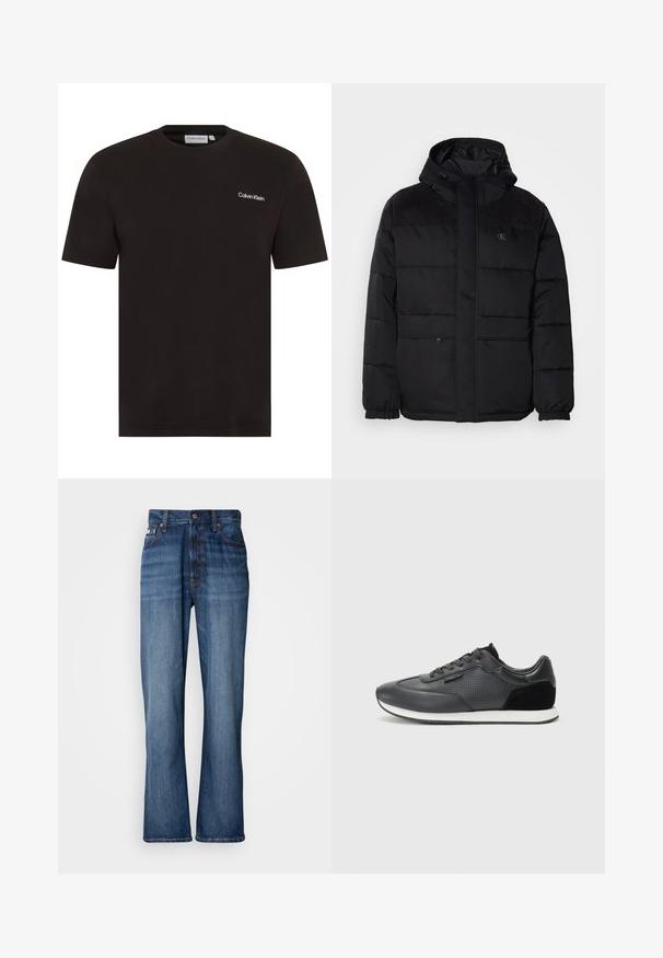 Padded čierna bunda s kapucňou, so zipsovým zapínaním, elastickými manžetami a semišovými akcentmi na pleciach pre dodatočnú textúru.; Čierne tričko s krátkym rukávom vyrobené z bavlny. Má okrúhly výstrih a malé biele logo "Calvin Klein" na ľavej hrudi.; Modré džínsy s vysokým pásom, rozšírenými nohavicami, dizajnom s piatimi vreckami a tónovaným prešívaním. Obsahujú zapínanie na gombík a nitované vrecká.; Čierne športové tenisky s koženým zvrškom a perforovanými detailmi, zamšovými akcentmi a bielou gumovou podrážkou. Klasický dizajn na šnurovanie.