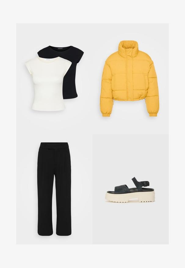 Yellow cropped puffer jacket with a high collar, featuring a quilted design, elasticated cuffs, and a drawstring hem for adjustable fit.; Two fitted T-shirts: one cream and one black. Made from soft, textured cotton, featuring short sleeves and a round neckline.; Black wide-leg pants made of a smooth fabric, featuring a flat front, belt loops, and no visible pockets. Clean, tailored design.; Black suede platform sandals with a chunky white sole, wide front strap, and adjustable ankle buckle. Textured outsole for grip.
