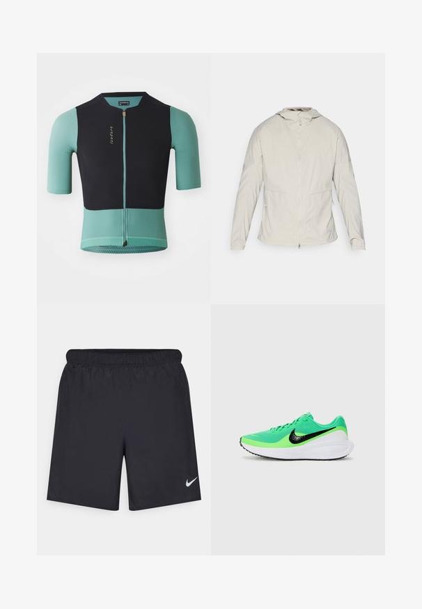 Veste beige clair, fermeture zippée sur le devant, capuche, poignets élastiques, deux poches latérales et tissu lisse et texturé. Design minimaliste, sans logos visibles.; Maillot de cyclisme à manches courtes en mailles bleu marine et vert d'eau clair. Dispose d'une fermeture éclair à l'avant et d'un marquage subtil. Design texturé avec des panneaux respirants.; Shorts de sport noirs en matériau léger avec une taille élastique. Présente un petit logo Nike blanc sur le bas du côté gauche.; Baskets de sport vertes avec tige en mesh, dotées d'un swoosh Nike noir, d'une semelle intermédiaire blanche et d'une semelle extérieure en caoutchouc texturé.