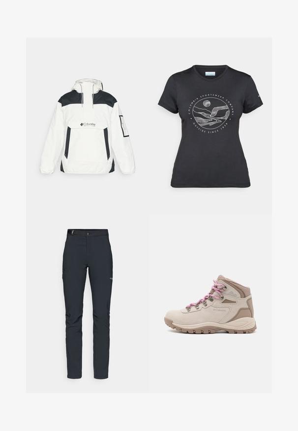 Hvit og svart vindjakke med hette, halvmidje glidelås foran, frontlomme og elastiske mansjetter. Har Columbia-logo på brystet.; Svart Columbia t-skjorte med hvit sirkulær fjell- og elvlinjekunst og tekst "Columbia Sportswear Company Outside Since 1938."; Herre utendørsbukser, mørkegrå, laget av fleksibelt materiale, med belte, glidelåslommer og forsterkede sømmer.; Beige turstøvler med rosa snørebånd, overlær i semsket skinn og syntetisk materiale, midt høyde-design, gummisål med gripeprofiler og polstret krage.