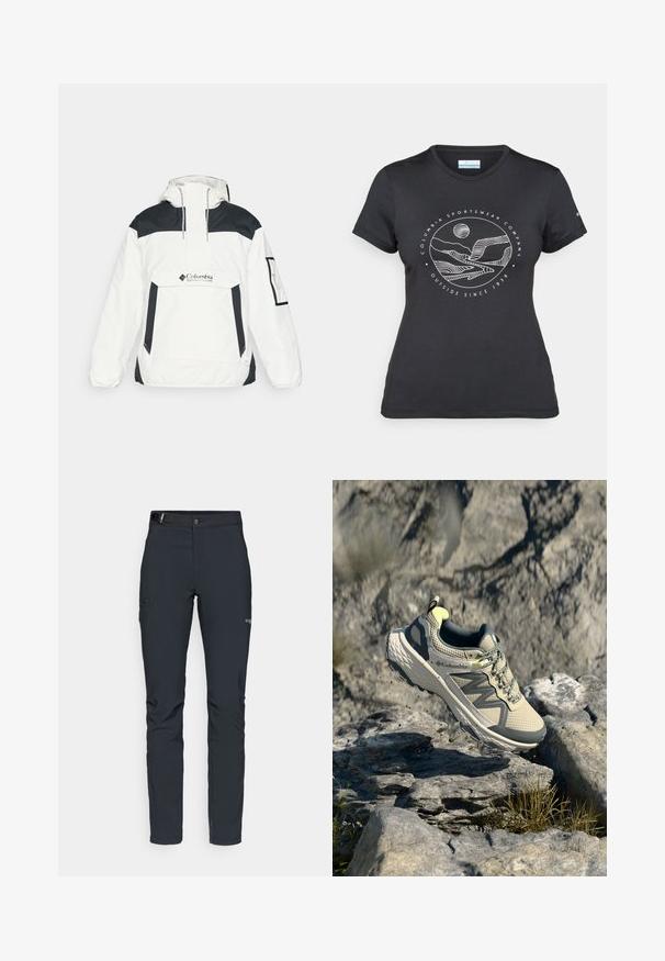 Bílá a černá větrovka s kapucí, poloviční zip na přední straně, přední kapsa a elastické manžety. Na hrudi je logo Columbia.; Černé tričko Columbia s bílým kruhovým uměleckým ztvárněním hor a řeky a textem "Columbia Sportswear Company Outside Since 1938."; Pánské outdoorové kalhoty, tmavě šedé, vyrobené z flexibilního materiálu, s pásem, zipovými kapsami a vyztuženým švem.; Trailové běžecké boty Columbia ve světle béžové a šedé barvě. Síťovina s texturovanými detaily, gumová podešev a odrazové prvky. Lehký design.