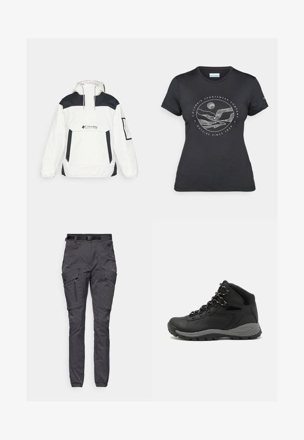 Balts un melns vēja žakets ar kapuci, pussega priekšpusi, priekšējo kabatu un elastīgām piedurknēm. Uzbūvē Columbia logo uz krūtīm.; Melnā Columbia T-kreklā ar baltu apļa kalnu un upes kontūru mākslu, kā arī tekstu "Columbia Sportswear Company Outside Since 1938."; Pelēki kravas bikses, izgatavotas no izturīga materiāla, ar vairākām kabatām, ar rāvējslēdzēja kabatu uz kājas un jostu ar sprādzi.; Melni pārgājienu zābaki ar vidēju augstumu, ar teksturētu augšdaļu, pelēkiem akcentiem un izturīgu gumijas zoli ar saķeres izvirzījumiem.