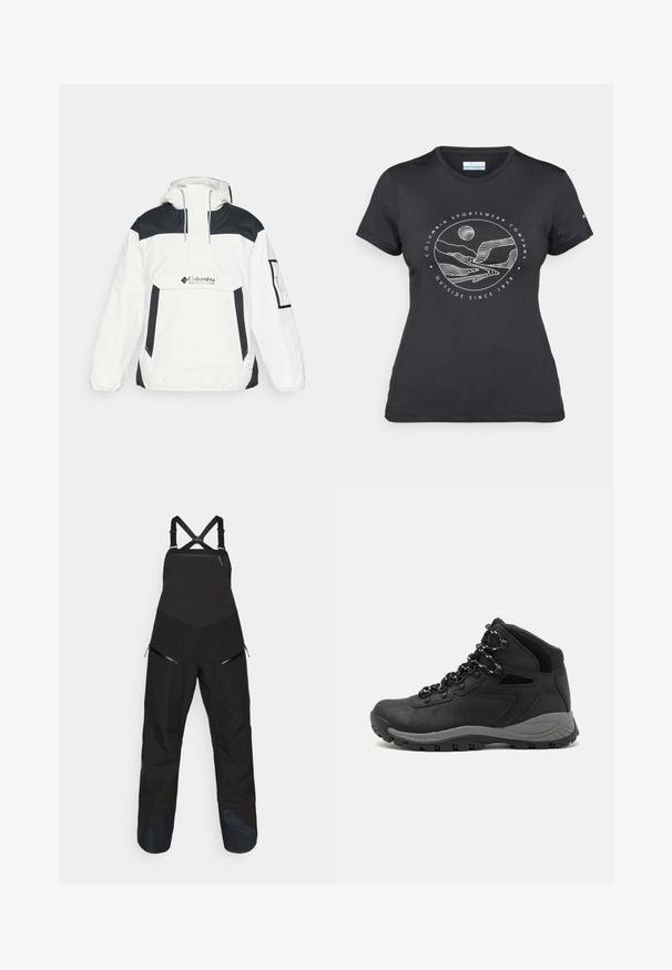 Biała i czarna kurtka wiatrówka z kapturem, z półzamkiem z przodu, kieszenią z przodu i elastycznymi mankietami. Posiada logo Columbii na piersi.; Czarny t-shirt Columbia z białą okrągłą grafiką gór i rzeki oraz napisem "Columbia Sportswear Company Outside Since 1938."; Czarne kombinezon narciarski z dopasowaną górą i luźnymi nogawkami. Posiada regulowane szelki, zapinane na zamek boczne kieszenie oraz kontrastową ciemną tkaninę przy kostkach.; Czarne buty trekkingowe z średnim cholewem, z teksturowaną cholewą, szarymi akcentami oraz trwałą gumową podeszwą z wypustkami zapewniającymi przyczepność.