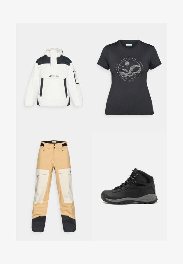 Hvid og sort vindjakke med hætte, halv-zip foran, forlommer og elastiske manchetter. Har Columbia-logoet på brystet.; Sort Columbia t-shirt med hvid cirkulær bjerg- og flodlinjekunst samt teksten "Columbia Sportswear Company Udenfor Siden 1938."; Beige og hvide udendørsbukser med sorte detaljer. Har cargo-lommer, dobbelte knaplukninger og en holdbar tekstur, der er velegnet til forskellige forhold.; Sort vandrestøvle med en mellem-højde design, der har en tekstureret overdel, grå detaljer og en holdbar gummisål med skridsikre klodser.