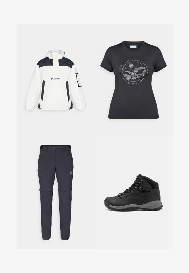 Casaco corta-vento branco e preto com capuz, fecho de meio zíper na frente, bolso frontal e punhos elásticos. Apresenta o logótipo da Columbia no peito.; T-shirt preto da Columbia com arte em linha branca circular representando montanhas e rios, e o texto "Columbia Sportswear Company Outside Since 1938."; Calças de caminhada com fechos em dark grey. Possui dois bolsos frontais, um bolso lateral e um logotipo em destaque. Costuras reforçadas e cintura ajustável.; Bota de caminhada preta com design de cano médio, apresentando um upper texturizado, detalhes cinzentos e sola de borracha durável com cravos de tração.