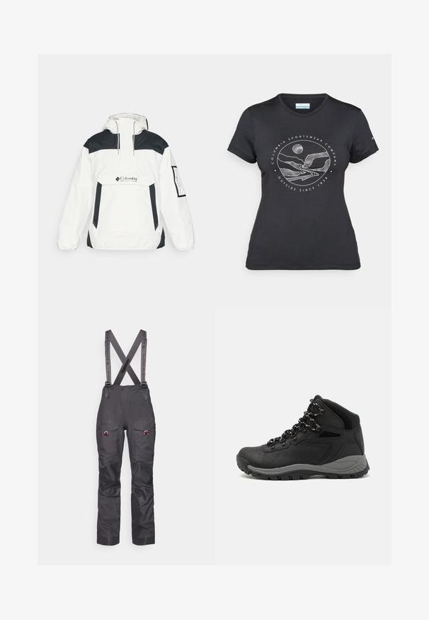 Vit och svart vindjacka med huva, halvdragkedja fram, framficka och elastiska ärmslut. Har Columbia-logotypen på bröstet.; Svart Columbia-t-shirt med vit cirkulär linjekonst av berg och flod samt texten "Columbia Sportswear Company Outside Since 1938."; Svarta vattentäta skidbyxor med justerbara hängslen, förstärkta knän, flera fickor och kontrasterande grå remmar. Hållbar tygtextur.; Svart vandringskänga med mellanhög design, som har en texturerad överdel, grå accenter och en slitstark gummisula med greppklackar.