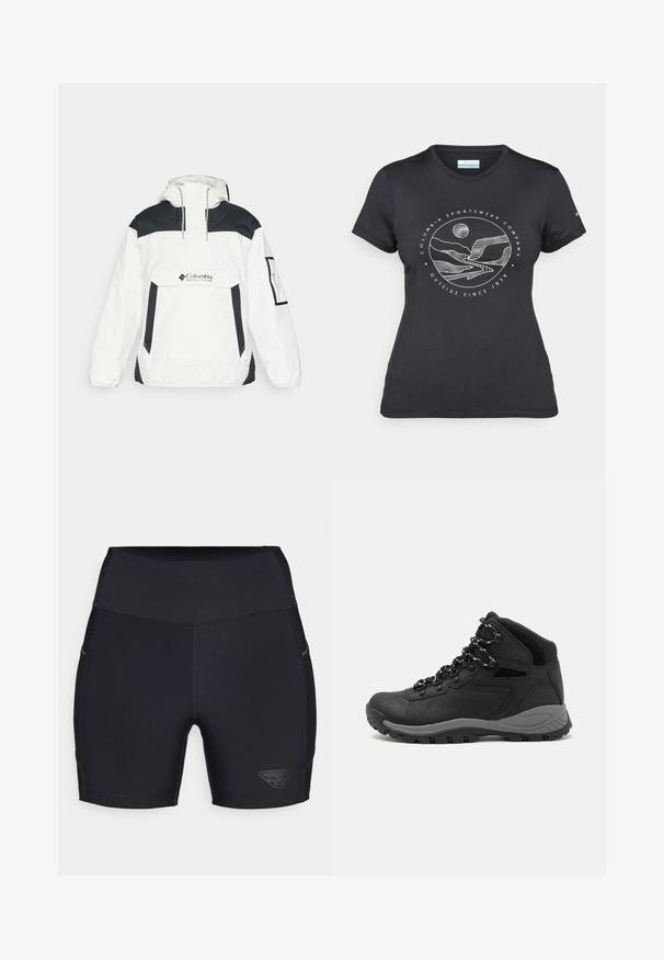 Balts un melns vēja žakets ar kapuci, pussega priekšpusi, priekšējo kabatu un elastīgām piedurknēm. Uzbūvē Columbia logo uz krūtīm.; Melnā Columbia T-kreklā ar baltu apļa kalnu un upes kontūru mākslu, kā arī tekstu "Columbia Sportswear Company Outside Since 1938."; Melni sporta šorti ar augstu jostasvietu, izgatavoti no elastīga auduma. Iespējas ietver logo sānos un diskrētas sānu kabatas.; Melni pārgājienu zābaki ar vidēju augstumu, ar teksturētu augšdaļu, pelēkiem akcentiem un izturīgu gumijas zoli ar saķeres izvirzījumiem.