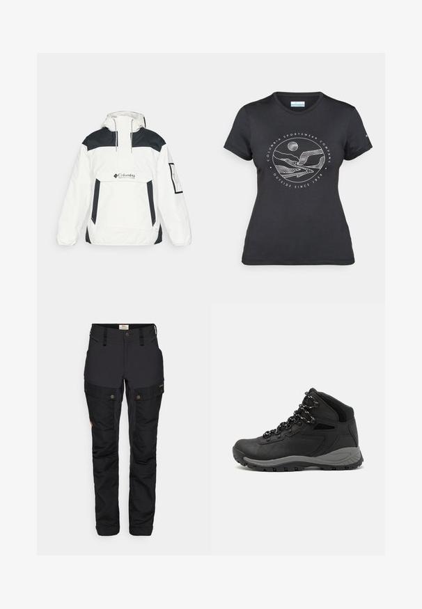 Hvit og svart vindjakke med hette, halvmidje glidelås foran, frontlomme og elastiske mansjetter. Har Columbia-logo på brystet.; Svart Columbia t-skjorte med hvit sirkulær fjell- og elvlinjekunst og tekst "Columbia Sportswear Company Outside Since 1938."; Sorte utendørsbukser med slitesterk tekstur, med cargo-lommer, justerbar midje og knappelukking, designet for funksjonalitet og komfort.; Sorte turstøvler med mid-topp design, som har en teksturert overdel, grå detaljer og slitesterk gummisåle med godt grep.