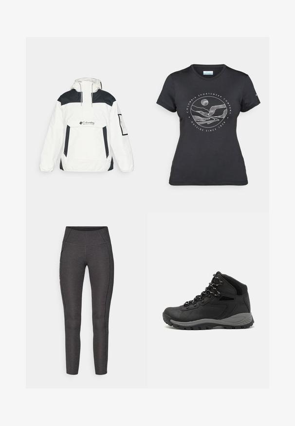 Vit och svart vindjacka med huva, halvdragkedja fram, framficka och elastiska ärmslut. Har Columbia-logotypen på bröstet.; Svart Columbia-t-shirt med vit cirkulär linjekonst av berg och flod samt texten "Columbia Sportswear Company Outside Since 1938."; Hög midja leggings i mörkgrått, tillverkade av texturerad tyg. Har en figurnära design och sidofickor för förvaring.; Svart vandringskänga med mellanhög design, som har en texturerad överdel, grå accenter och en slitstark gummisula med greppklackar.