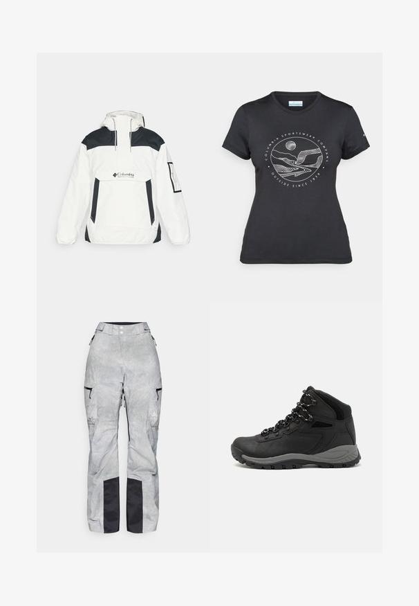 Weiß-schwarze Windjacke mit Kapuze, halbem Reißverschluss an der Vorderseite, Fronttasche und elastischen Bündchen. Mit Columbia-Logo auf der Brust.; Schwarzes Columbia-T-Shirt mit weißer kreisförmiger Berg- und Fluss-Linienkunst und dem Text "Columbia Sportswear Company - Draußen seit 1938."; Grau Schnee-Overalls mit einem karierten Muster, ausgestattet mit schwarzen Akzenten, verstellbarem Bund, Reißverschlusstaschen und verstärkten schwarzen Säumen.; Schwarzer Wanderstiefel mit einem mittelhohen Design, ausgestattet mit einer strukturierten Oberfläche, grauen Akzenten und einer robusten Gummisohle mit Profilstollen.