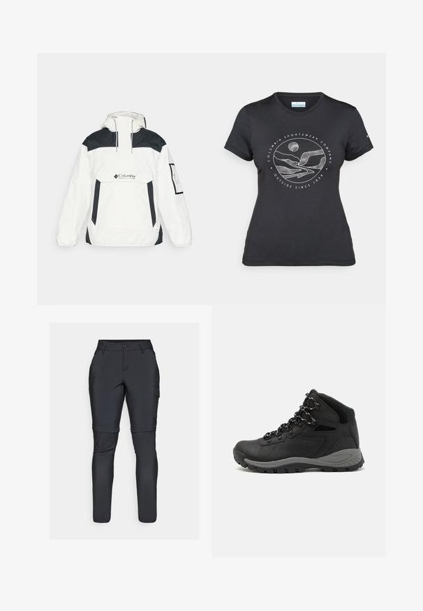 Vit och svart vindjacka med huva, halvdragkedja fram, framficka och elastiska ärmslut. Har Columbia-logotypen på bröstet.; Svart Columbia-t-shirt med vit cirkulär linjekonst av berg och flod samt texten "Columbia Sportswear Company Outside Since 1938."; Svarta cargobyxor tillverkade av lätt och stretchy tyg. Har artikulerade knän, sidofickor och en åtsittande design för rörlighet.; Svart vandringskänga med mellanhög design, som har en texturerad överdel, grå accenter och en slitstark gummisula med greppklackar.
