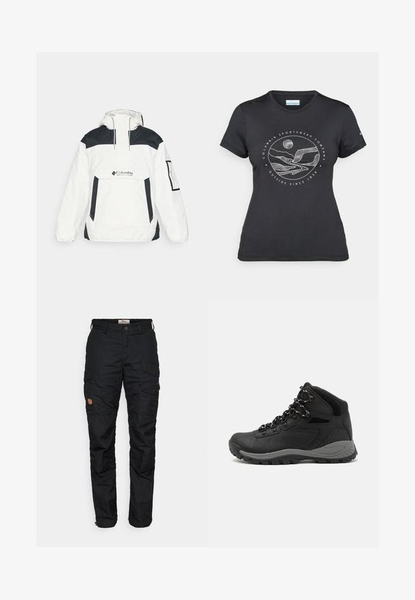 Fehér és fekete széldzseki kapucnival, félig zipzáras elülső résszel, elülső zsebből és elasztikus mandzsettákkal. A mellkason Columbia logó található.; Fekete Columbia póló fehér, kör alakú hegy és folyó vonalrajzzal, valamint a "Columbia Sportswear Company Outside Since 1938" felirattal.; Fekete cargo nadrág, amely több zsebbel, gombos záródással és enyhén szűkített lábformával rendelkezik. Tartós anyagból készült, texturált felülettel.; Fekete túracipő közepes magasságú kialakítással, texturált felsőrésszel, szürke részletekkel és strapabíró gumitalppal, amelynek tapadós kiemelkedései vannak.