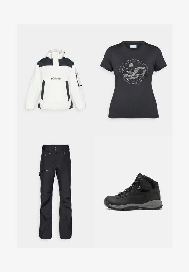 Balta ir juoda vėjo neperšlampanti striukė su kapišonu, pusės užtrauktuku priekyje, priekinėmis kišenėmis ir elastiniais rankogaliais. Ant krūtinės yra Columbia logotipas.; Juodas "Columbia" marškinėliai su balta apskrita kalnų ir upės linijų grafika bei tekstu "Columbia Sportswear Company Lauke nuo 1938 metų."; Juodos lauko kelnės iš vandeniui atsparios medžiagos, turinčios užtrauktuko šoninius kišenę bei reguliuojamą taliją užtikrinančias patogų prigludimą.; Juodas žygio botas su vidutinio aukščio dizainu, pasižymintis tekstūruota viršutine dalimi, pilkų akcentų ir patvaria guma padanga su sukibimo gumbais.