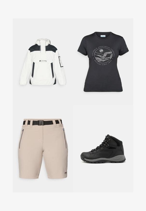 Hvid og sort vindjakke med hætte, halv-zip foran, forlommer og elastiske manchetter. Har Columbia-logoet på brystet.; Sort Columbia t-shirt med hvid cirkulær bjerg- og flodlinjekunst samt teksten "Columbia Sportswear Company Udenfor Siden 1938."; Beige shorts med et sort justerbart bælte, der har to sidelommer med lynlås og subtile syningsdetaljer. Glat stof med en skræddersyet pasform.; Sort vandrestøvle med en mellem-højde design, der har en tekstureret overdel, grå detaljer og en holdbar gummisål med skridsikre klodser.