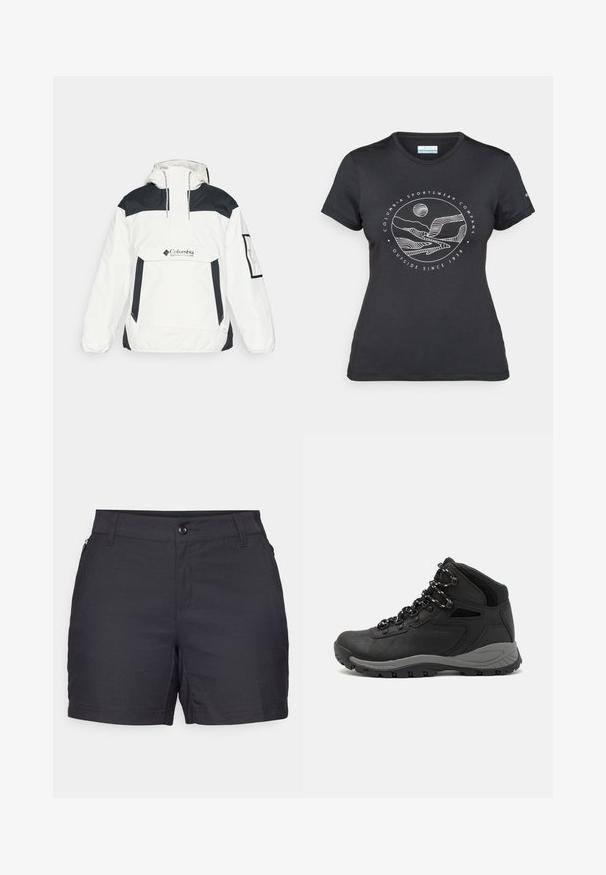Balta ir juoda vėjo neperšlampanti striukė su kapišonu, pusės užtrauktuku priekyje, priekinėmis kišenėmis ir elastiniais rankogaliais. Ant krūtinės yra Columbia logotipas.; Juodas "Columbia" marškinėliai su balta apskrita kalnų ir upės linijų grafika bei tekstu "Columbia Sportswear Company Lauke nuo 1938 metų."; Juodi šortai, pagaminti iš lengvos medžiagos, su mygtukų užsegimu ir užtrauktukinėmis kišenėmis. Išsiskiria švariomis linijomis ir pritaikytu siluetu.; Juodas žygio botas su vidutinio aukščio dizainu, pasižymintis tekstūruota viršutine dalimi, pilkų akcentų ir patvaria guma padanga su sukibimo gumbais.