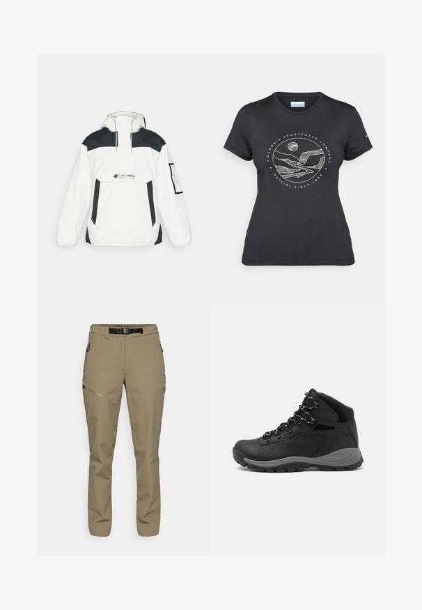 Bílá a černá větrovka s kapucí, poloviční zip na přední straně, přední kapsa a elastické manžety. Na hrudi je logo Columbia.; Černé tričko Columbia s bílým kruhovým uměleckým ztvárněním hor a řeky a textem "Columbia Sportswear Company Outside Since 1938."; Khaki outdoor kalhoty s elastickým pasem a černým opaskem. Obsahují boční zipové kapsy a hladkou, texturovanou tkaninu.; Černé turistické boty s mírně vyšším střihem, které mají texturovaný svršek, šedé detaily a odolnou gumovou podrážku s trakčními výstupky.
