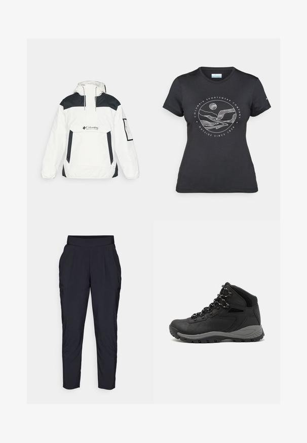 Bílá a černá větrovka s kapucí, poloviční zip na přední straně, přední kapsa a elastické manžety. Na hrudi je logo Columbia.; Černé tričko Columbia s bílým kruhovým uměleckým ztvárněním hor a řeky a textem "Columbia Sportswear Company Outside Since 1938."; Černé úzké kalhoty s širokým elastickým pasem, předními sklady a bočními kapsami. Vyrobeny z hladké, lehké látky.; Černé turistické boty s mírně vyšším střihem, které mají texturovaný svršek, šedé detaily a odolnou gumovou podrážku s trakčními výstupky.