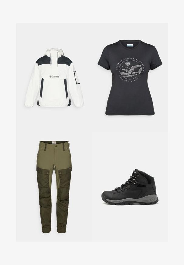 Casaco corta-vento branco e preto com capuz, fecho de meio zíper na frente, bolso frontal e punhos elásticos. Apresenta o logótipo da Columbia no peito.; T-shirt preto da Columbia com arte em linha branca circular representando montanhas e rios, e o texto "Columbia Sportswear Company Outside Since 1938."; Calças verdes de exteriores feitas de material durável, com bolsos tipo cargo, um ajuste justo na parte superior e variações de textura nas pernas inferiores.; Bota de caminhada preta com design de cano médio, apresentando um upper texturizado, detalhes cinzentos e sola de borracha durável com cravos de tração.