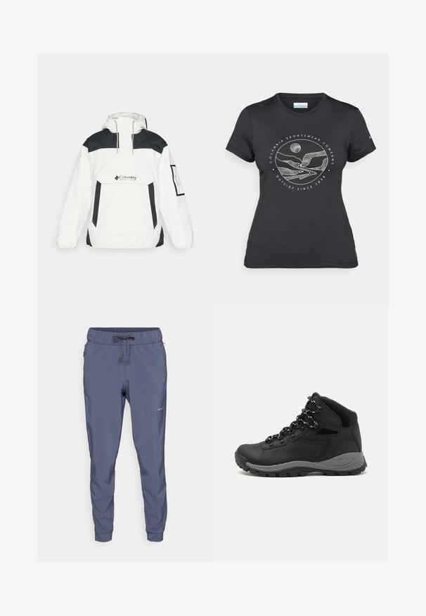 Casaco corta-vento branco e preto com capuz, fecho de meio zíper na frente, bolso frontal e punhos elásticos. Apresenta o logótipo da Columbia no peito.; T-shirt preto da Columbia com arte em linha branca circular representando montanhas e rios, e o texto "Columbia Sportswear Company Outside Since 1938."; Patagonia TERREBONNE JOGGERS - Calças para exterior - smolder blue; Bota de caminhada preta com design de cano médio, apresentando um upper texturizado, detalhes cinzentos e sola de borracha durável com cravos de tração.
