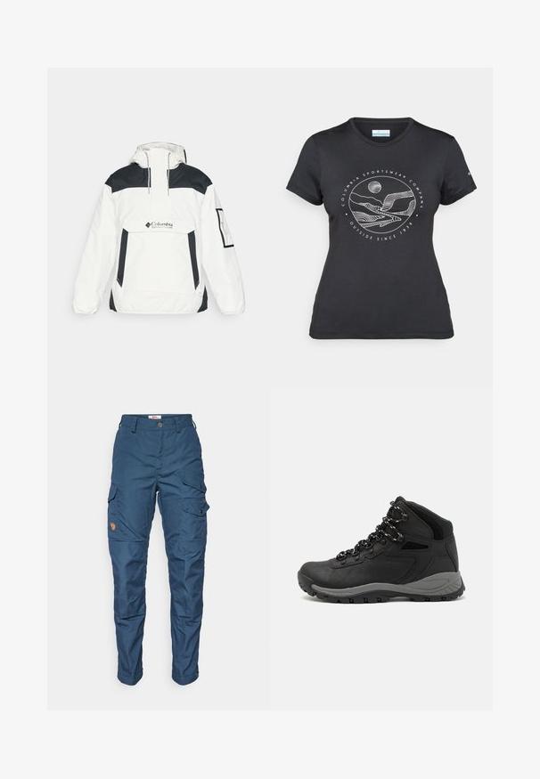 Balta ir juoda vėjo neperšlampanti striukė su kapišonu, pusės užtrauktuku priekyje, priekinėmis kišenėmis ir elastiniais rankogaliais. Ant krūtinės yra Columbia logotipas.; Juodas "Columbia" marškinėliai su balta apskrita kalnų ir upės linijų grafika bei tekstu "Columbia Sportswear Company Lauke nuo 1938 metų."; Tamsiai mėlynos spalvos krovininės kelnės, pagamintos iš patvarios medžiagos, turinčios kelis šoninius kišenes, mygtuką užsegimui ir logotipo pleistrą dešinėje šlaunyje.; Juodas žygio botas su vidutinio aukščio dizainu, pasižymintis tekstūruota viršutine dalimi, pilkų akcentų ir patvaria guma padanga su sukibimo gumbais.