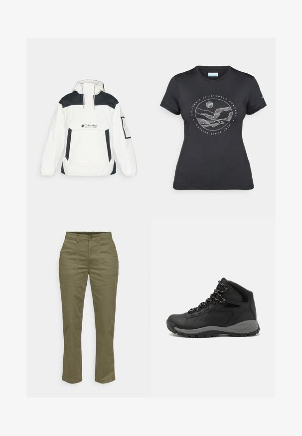 Valge ja must tuulekindel jakk kapuutsiga, pool-zip esiosa, esi-tasku ja elastsed mansetid. Rinnal Columbia logo.; Musternine Columbia T-särk mustas värvuses, millel on valge ümmargune mägi ja jõe joonistus ning tekst "Columbia Sportswear Company Outside Since 1938."; Oliivroheline puuvillane püksid sirge sääre disainiga, millel on ees nupuga kinni minek, kaks küljetaskut ja tugevdatud õmblused.; Mustarjaline matkasaabas, millel on keskmine disain, tekstuuriga ülemine osa, hallid aktsendid ja vastupidav kummist põhi, millel on haardelugesid.
