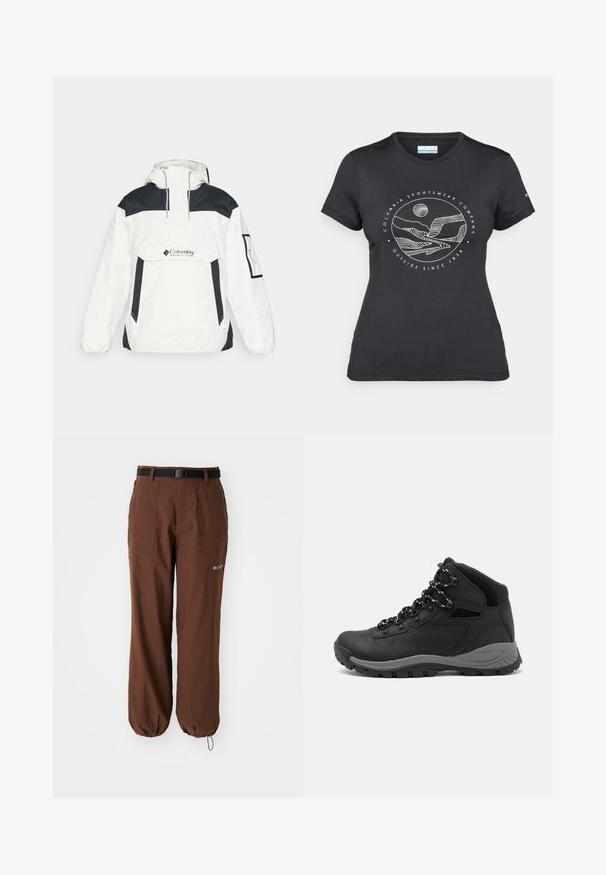 Valkoinen ja musta tuulenpitävä takki, jossa on huppu, puolivetoketju edessä, etutasku ja joustavat hihansuut. Takissa on Columbia-logo rintamuksessa.; Musta Columbia T-paita, jossa on valkoinen ympyrämuotoinen vuori- ja joki-viivataide sekä teksti "Columbia Sportswear Company Ulkona vuodesta 1938."; Columbia BREA FALLS™ PANT - Ulkohousut - tobacco; Musta vaelluskenkä, jossa on puolivartinen muotoilu, jolle on ominaista teksturoitu päällinen, harmaat yksityiskohdat ja kestävä kumipohja, jossa on pitoita lisääviä lukuja.