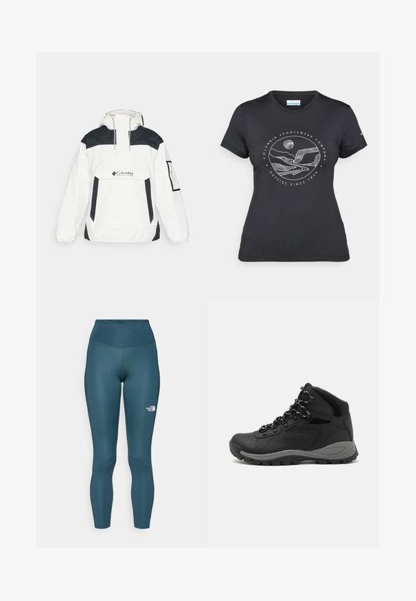 Valkoinen ja musta tuulenpitävä takki, jossa on huppu, puolivetoketju edessä, etutasku ja joustavat hihansuut. Takissa on Columbia-logo rintamuksessa.; Musta Columbia T-paita, jossa on valkoinen ympyrämuotoinen vuori- ja joki-viivataide sekä teksti "Columbia Sportswear Company Ulkona vuodesta 1938."; Teal korkeavyötäröiset legginssit, jotka on valmistettu venyvästä kankaasta. Niissä on pieni valkoinen logo vasemmalla puolella ja ommeltuja yksityiskohtia saumoissa.; Musta vaelluskenkä, jossa on puolivartinen muotoilu, jolle on ominaista teksturoitu päällinen, harmaat yksityiskohdat ja kestävä kumipohja, jossa on pitoita lisääviä lukuja.