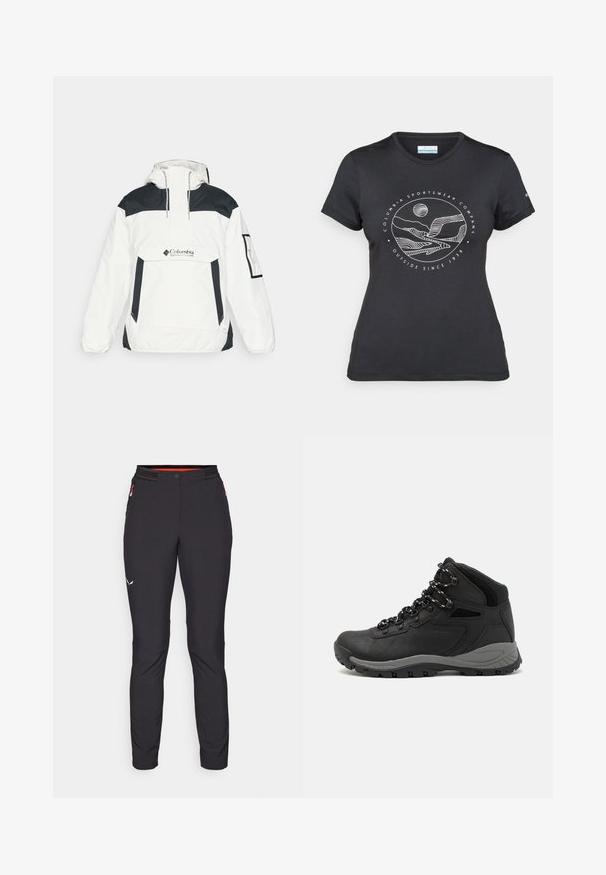 Balta ir juoda vėjo neperšlampanti striukė su kapišonu, pusės užtrauktuku priekyje, priekinėmis kišenėmis ir elastiniais rankogaliais. Ant krūtinės yra Columbia logotipas.; Juodas "Columbia" marškinėliai su balta apskrita kalnų ir upės linijų grafika bei tekstu "Columbia Sportswear Company Lauke nuo 1938 metų."; Salewa PEDROC PANT - Lauko kelnės - black out; Juodas žygio botas su vidutinio aukščio dizainu, pasižymintis tekstūruota viršutine dalimi, pilkų akcentų ir patvaria guma padanga su sukibimo gumbais.