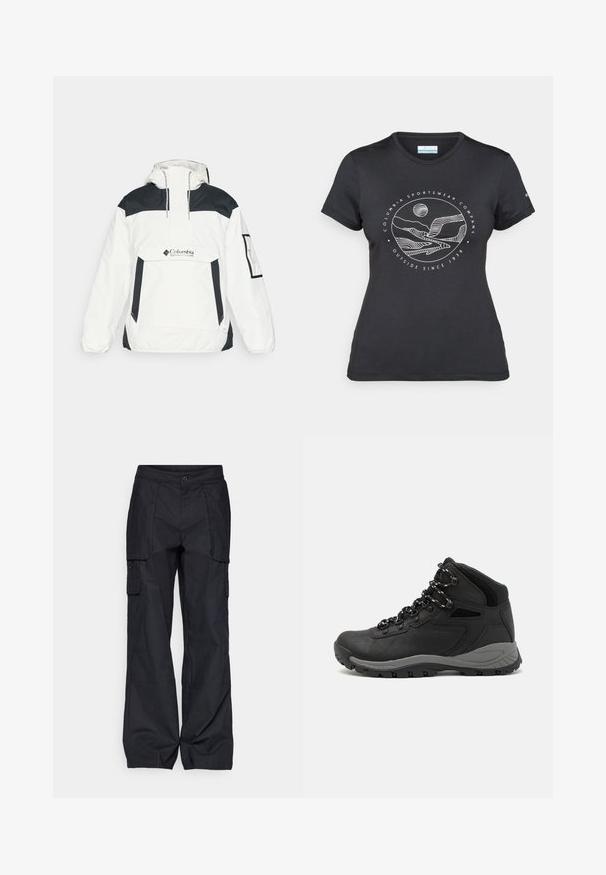 Valge ja must tuulekindel jakk kapuutsiga, pool-zip esiosa, esi-tasku ja elastsed mansetid. Rinnal Columbia logo.; Musternine Columbia T-särk mustas värvuses, millel on valge ümmargune mägi ja jõe joonistus ning tekst "Columbia Sportswear Company Outside Since 1938."; Columbia BREA FALLS™ COTTON RIPSTOP PANT - Õuepüksid - black; Mustarjaline matkasaabas, millel on keskmine disain, tekstuuriga ülemine osa, hallid aktsendid ja vastupidav kummist põhi, millel on haardelugesid.