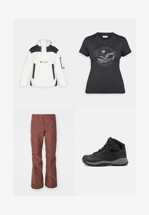 Vit och svart vindjacka med huva, halvdragkedja fram, framficka och elastiska ärmslut. Har Columbia-logotypen på bröstet.; Svart Columbia-t-shirt med vit cirkulär linjekonst av berg och flod samt texten "Columbia Sportswear Company Outside Since 1938."; Bruna vattentäta skidbyxor med lös passform, fickor med dragkedja och texturerade mudd. Har en slät yta och slitstarkt material.; Svart vandringskänga med mellanhög design, som har en texturerad överdel, grå accenter och en slitstark gummisula med greppklackar.