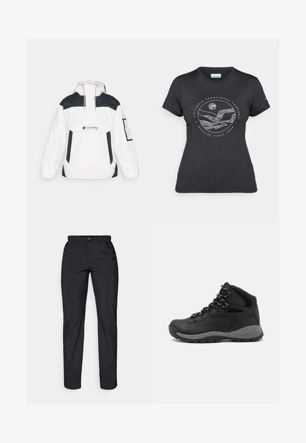 Hvid og sort vindjakke med hætte, halv-zip foran, forlommer og elastiske manchetter. Har Columbia-logoet på brystet.; Sort Columbia t-shirt med hvid cirkulær bjerg- og flodlinjekunst samt teksten "Columbia Sportswear Company Udenfor Siden 1938."; Sorte, lette, vandafvisende bukser med elastisk talje og to sidelommer; glat tekstur; lige ben-design.; Sort vandrestøvle med en mellem-højde design, der har en tekstureret overdel, grå detaljer og en holdbar gummisål med skridsikre klodser.