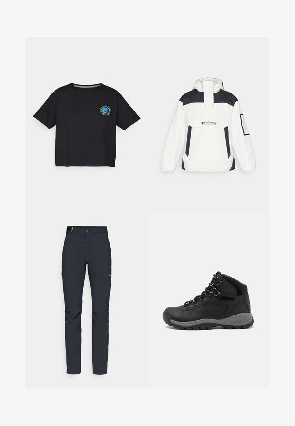 Biela a čierna vetrovka s kapucňou, polovičným zipsom vpredu, prednou vreckom a elastickými manžetami. Na hrudi je logo Columbia.; Čierne bavlnené tričko s krátkym rukávom s kruhovým viacfarebným logom na hrudi. Priamy lem a voľný strih.; Pánske outdoorové nohavice, tmavo šedé, vyrobené z flexibilného materiálu, s opaskom, so zipsovými vreckami a vystuženým šitím.; Čierna turistická obuv s polovičným strihom, s textúrovaným zvrškom, šedými akcentmi a odolnou gumovou podrážkou s protišmykovými hrebienkami.