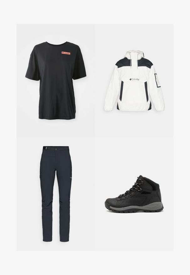 White and black windbreaker jacket with a hood, half-zip front, front pocket, and elastic cuffs. Features Columbia logo on the chest.; Black cotton T-shirt with short sleeves, relaxed fit, and a red rectangular logo on the left chest. Smooth texture and simple design.; Men's outdoor pants, dark gray, made from flexible material, featuring a belt, zippered pockets, and reinforced stitching.; Black hiking boot with a mid-top design, featuring a textured upper, gray accents, and durable rubber sole with traction lugs.