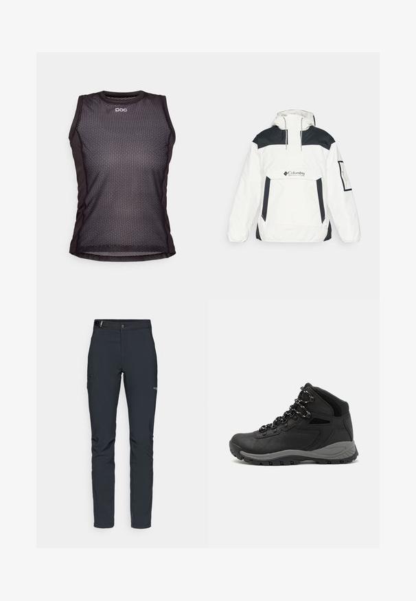Vit och svart vindjacka med huva, halvdragkedja fram, framficka och elastiska ärmslut. Har Columbia-logotypen på bröstet.; Svart ärmlös träningsskjorta med nätdesign, med rundad halsringning och POC-logotyp. Tyget verkar lätt och ventilerande.; Herrernas utomhusbyxor, mörkgrå, tillverkade av flexibelt material, med ett bälte, zip-fickor och förstärkt sömnad.; Svart vandringskänga med mellanhög design, som har en texturerad överdel, grå accenter och en slitstark gummisula med greppklackar.