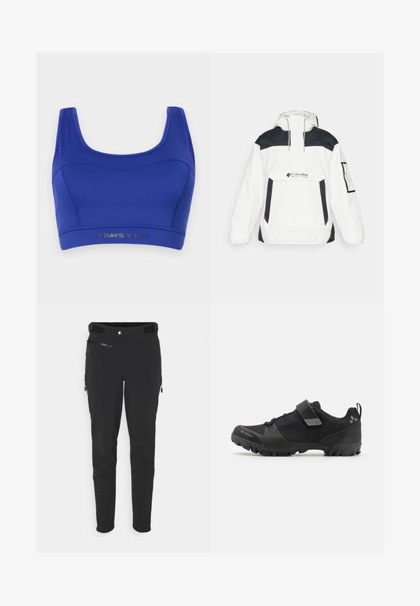 White and black windbreaker jacket with a hood, half-zip front, front pocket, and elastic cuffs. Features Columbia logo on the chest.; Blue activewear bra made of stretchy fabric. Features a scoop neck, wide straps, and a lower elastic band with "7 DAYS ACTIVE" printed in silver.; Black outdoor pants made from stretch fabric, featuring zippered pockets, a slim fit, and a smooth texture with reinforced knee panels.; Black outdoor shoe with a textured mesh upper, rubber sole, and adjustable strap. Features a sturdy design for traction and support.
