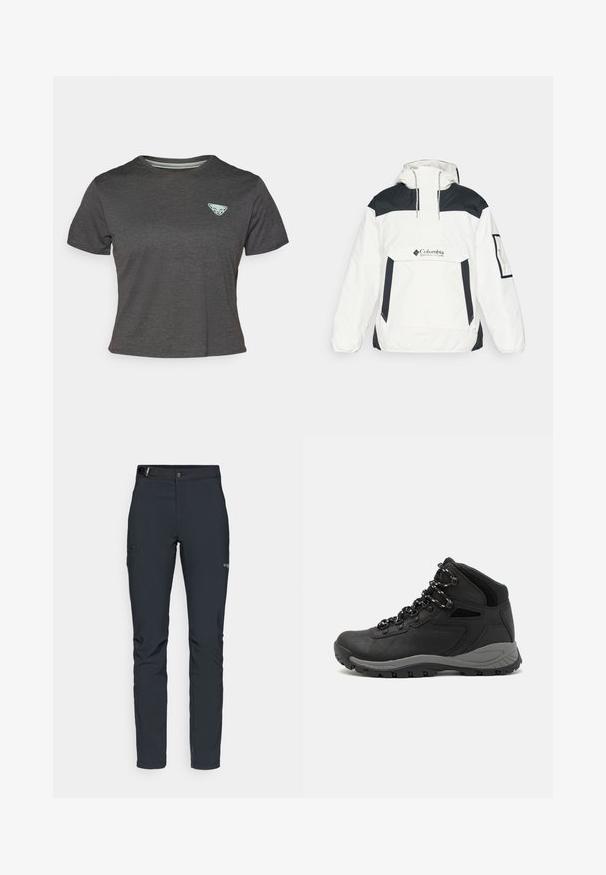 Hvit og svart vindjakke med hette, halvmidje glidelås foran, frontlomme og elastiske mansjetter. Har Columbia-logo på brystet.; T-skjorte med kort erme og rund hals i mørkegrått stoff med en subtil tekstur og en lys grønn trekantet logo på venstre brystområde.; Herre utendørsbukser, mørkegrå, laget av fleksibelt materiale, med belte, glidelåslommer og forsterkede sømmer.; Sorte turstøvler med mid-topp design, som har en teksturert overdel, grå detaljer og slitesterk gummisåle med godt grep.