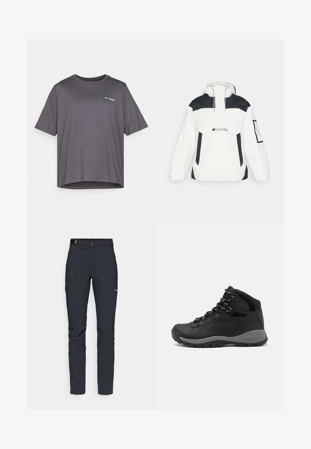 Valkoinen ja musta tuulenpitävä takki, jossa on huppu, puolivetoketju edessä, etutasku ja joustavat hihansuut. Takissa on Columbia-logo rintamuksessa.; Harmaa t-paita lyhyillä hihoilla, joka on valmistettu sileästä kankaasta. Tehosteena pyöreä pääntie ja pieni logo tulostettuna rintaan.; Miestne vonkajšie nohavice, tmavo šedé, vyrobené z flexibilného materiálu, s opaskom, zipsovými vreckami a zosilneným šitím.; Musta vaelluskenkä, jossa on puolivartinen muotoilu, jolle on ominaista teksturoitu päällinen, harmaat yksityiskohdat ja kestävä kumipohja, jossa on pitoita lisääviä lukuja.