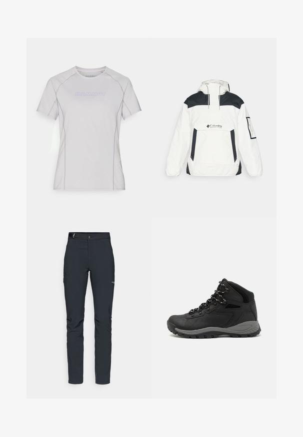 Bela in črna vetrovka s kapuco, polovičnim zadrgo spredaj, sprednjim žepom in elastičnimi manšetami. Ima Columbia logo na prsih.; Svetlo siva majica s kratkimi rokavi in okroglo ovratnikom, z vijoličnimi poudarki in logotipom 'MAMMUT' na sprednji strani. Mehka, gladka tkanina.; Moške zunanje hlače, temno siva, izdelane iz fleksibilnega materiala, z pasom, žepom na zadrgo in ojačanim šivanjem.; Črne pohodniške čevlje z srednje visokim dizajnom, ki imajo teksturirano zgornji del, sivi dodatki in vzdržljiv gumen podplat s protizdrsnimi izboklinami.