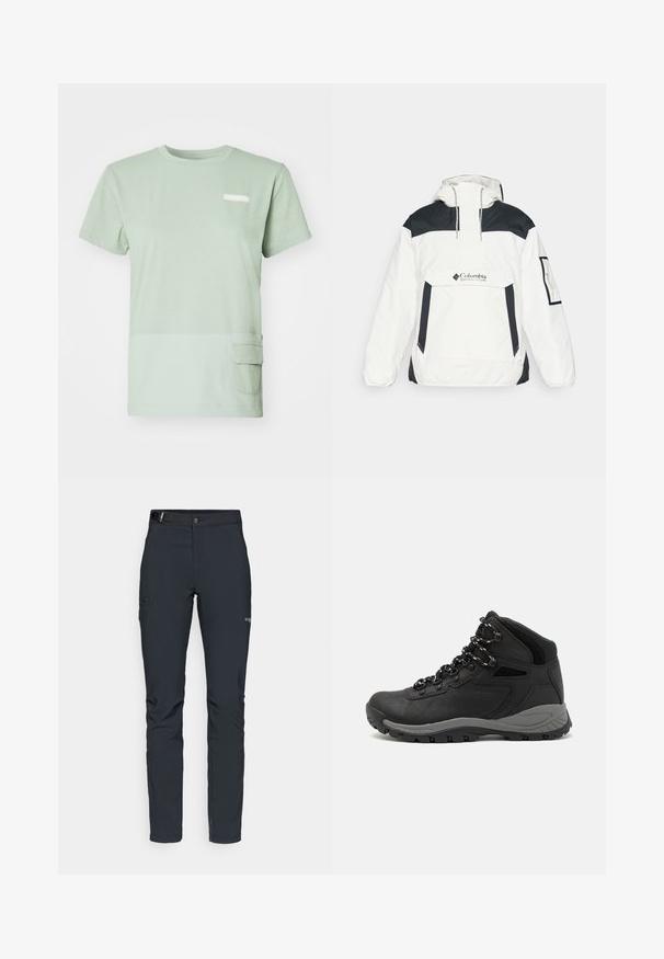 Balts un melns vēja žakets ar kapuci, pussega priekšpusi, priekšējo kabatu un elastīgām piedurknēm. Uzbūvē Columbia logo uz krūtīm.; Gaiši zaļš t-krekls, izgatavots no mīkstas kokvilnas, ar noapaļotu izgriezumu. Tam ir kabata apakšējā kreisajā stūrī un mazs logo uz krūtīm.; Vīriešu āra bikses, tumši pelēkā krāsā, izgatavotas no elastīga materiāla, ar jostu, kabatām ar rāvējslēdzēju un pastiprinātām šuvēm.; Melni pārgājienu zābaki ar vidēju augstumu, ar teksturētu augšdaļu, pelēkiem akcentiem un izturīgu gumijas zoli ar saķeres izvirzījumiem.