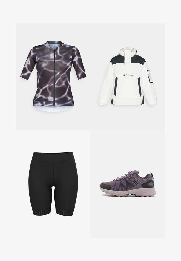 Veste coupe-vent blanche et noire avec capuche, fermeture éclair à moitié sur le devant, poche avant et poignets élastiques. Comprend le logo Columbia sur la poitrine.; Maillot de cyclisme à manches courtes avec fermeture éclair, doté d'un design en dégradé noir et gris évoquant l'eau. Fabriqué en tissu léger et extensible.; Shorts de compression noirs avec une large ceinture, présentant une couture à l'avant et des accents perforés texturés à l'ourlet inférieur.; Chaussures de randonnée légères de couleur violette avec une tige en mesh, des accents noirs, une semelle rembourrée et une semelle extérieure rugueuse pour l'adhérence.