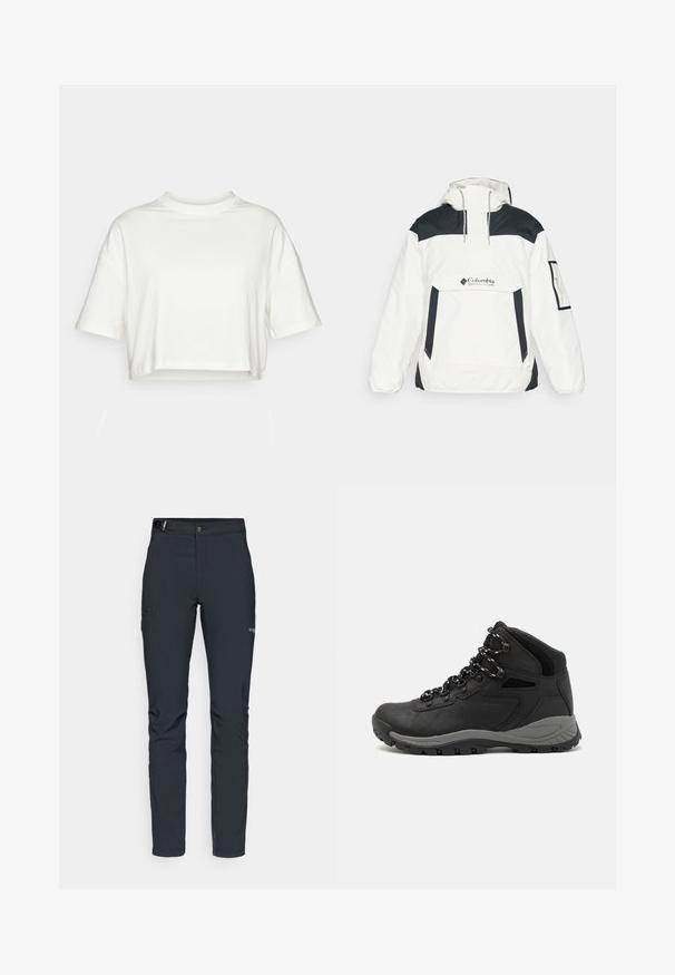 Giacca a vento bianca e nera con cappuccio, apertura a metà zip sul fronte, tasca anteriore e polsini elasticizzati. Presenta il logo Columbia sul petto.; T-shirt cropped a maniche corte in cotone bianco solido. Presenta un colletto rotondo e una vestibilità comoda con orlo arrotolato. Texture morbida, senza motivi.; Pantaloni da uomo per attività all'aperto, grigio scuro, realizzati in materiale elastico, dotati di cintura, tasche con zip e cuciture rinforzate.; Stivale da trekking nero con design a metà altezza, dotato di una tomaia texturizzata, accenti grigi e suola in gomma resistente con tasselli per la trazione.