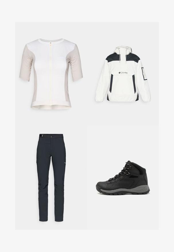 Vit och svart vindjacka med huva, halvdragkedja fram, framficka och elastiska ärmslut. Har Columbia-logotypen på bröstet.; Kortärmad cykeltröja i vit och ljusbeige, med dragkedja fram, en mjuk yta och logotypdetalj på bröstet.; Herrernas utomhusbyxor, mörkgrå, tillverkade av flexibelt material, med ett bälte, zip-fickor och förstärkt sömnad.; Svart vandringskänga med mellanhög design, som har en texturerad överdel, grå accenter och en slitstark gummisula med greppklackar.