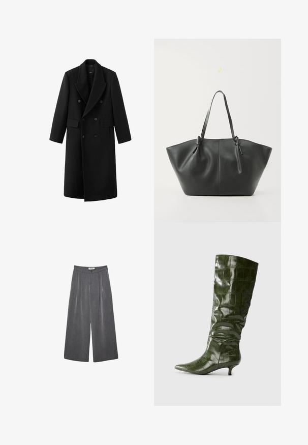 Pitkä musta kaksirivinen villakangastakki, jossa leveät kaulukset ja läppätaskut, valkoista taustaa vasten esitelty.; Mustassa ribattussa neulecardiganissa on pitkät hihat, keinoturkiskuosisu ja kuusi nappisuljenta edessä. Pehmeä tekstuuri.; Valkoinen ribattava toppi, jossa on leveät olkaimet ja tiukka muotoilu, yhdistettynä korkeavyötäröisiin mustiin housuihin ja mustaan vyöhön.; Pleated leveleijoushousut tummanharmaasta kankaasta, jossa on hieno rakenne. Ominaisuuksina napin suljenta ja klassinen vyötärönauhan muotoilu.; Korkea, tummanvihreä krokotiilikuosisista nahkakengät, joissa on terävä kärki ja matala kitten-korko, kuvattu sivulta yksinkertaista taustaa vasten.; Vero Moda VMDITTA - Shopping bag - black