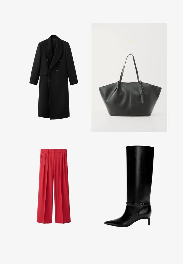 Long manteau noir en laine à double boutonnage avec larges revers et poches à rabat, présenté sur fond blanc.; Cardigan noir à côtes avec manches longues, doté d'un col en fausse fourrure et de six boutons sur le devant. Texture douce.; Débardeur blanc à côtes, doté de larges bretelles et d'une coupe ajustée, associé à un pantalon noir taille haute et à une ceinture noire.; Pantalons larges à taille haute plissés rouges en tissu lisse. Dotés de passants de ceinture et d'une fermeture éclair frontale. Design classiquement élégant.; Botte en cuir noir montante jusqu'au genou avec un bout pointu et un petit talon. Présente une sangle étroite avec une boucle métallique autour de la cheville. Texture lisse.; Vero Moda VMDITTA - Cabas - black