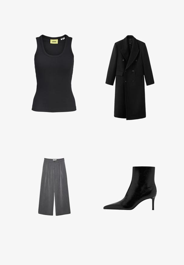 Lång svart dubbelknäppt ullkappa med breda slag och ficklock, visad mot vit bakgrund.; Svart ribbad kofta med långa ärmar, försedd med en fuskpälskrage och sex knappstängningar fram. Mjuk textur.; Svart ribbad linne med rund halsringning, tillverkat av stretchigt material, med en gul etikett som har "JJXX" på insidan av kragen.; Fållade vida byxor i en mörkgrå tyg med en subtil textur. Har en knappstängning och en klassisk midje-design.; Svart ankelsko med en spetsig tådesign, tillverkad av glänsande läder. Har en stilettklack och en slät yta. Inga synliga dekorationer.