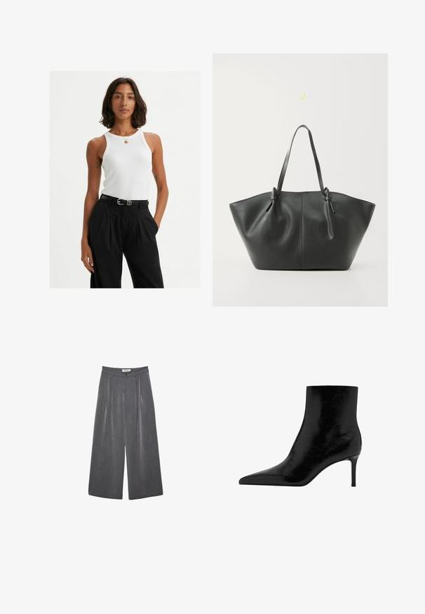 Długi czarny dwurzędowy płaszcz wełniany z szerokimi klapami i kieszeniami z patkami, prezentowany na białym tle.; Czarny kardigan prążkowany z długimi rękawami, z kołnierzem z sztucznego futra i sześcioma guzikami z przodu. Miękki w dotyku.; Biała prążkowana bluzka na ramiączkach, z szerokimi ramiączkami i dopasowanym krojem, zestawiona z czarnymi spodniami o wysokim stanie i czarnym paskiem.; Plisowane spodnie o szerokich nogawkach w ciemnoszarym materiale z subtelną teksturą. Posiadają zapięcie na guzik oraz klasyczny krój pasa.; Czarny botek za kostkę o spiczastym nosku, wykonany z błyszczącej skóry. Posiada szpilkowy obcas i gładką fakturę. Brak widocznych zdobień.; Vero Moda VMDITTA czarny